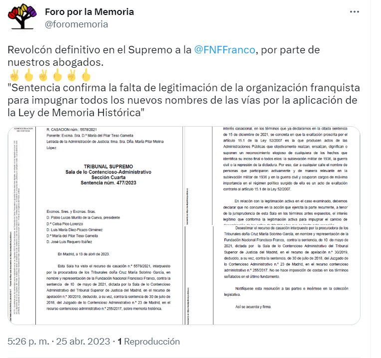 Nueva victoria de la Federacin Estatal de Foros por la Memoria y la Plataforma contra la Impunidad del franquismo contra la Fundacin Francisco Franco